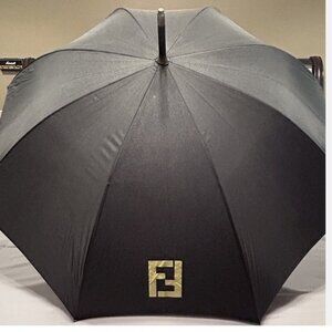 Vintage Fendi Black Wood Handle Umbrella Parasol Full Size Uomo Logo Promo Nylon